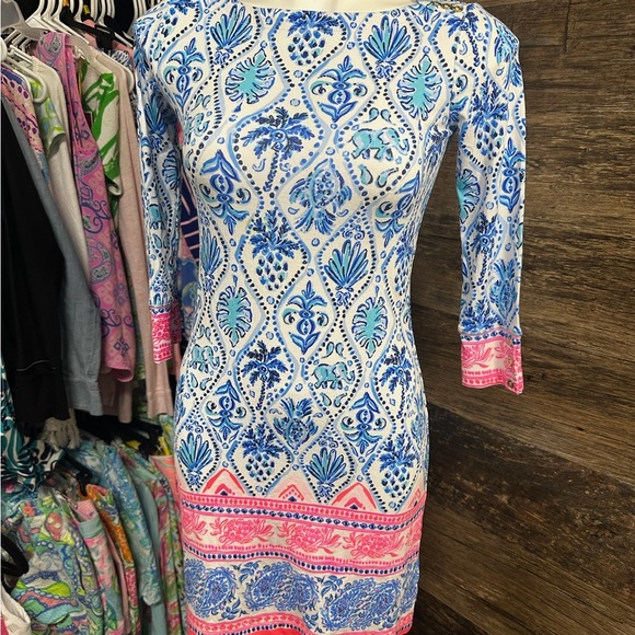 Lilly Pulitzer Blue and Pink Sheath Dress with 3/4 Sleeves - Picture 2 of 10